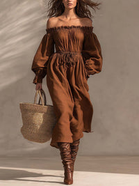 Burnt Caramel Off-Shoulder Boho Maxi Dress - Rust Brown