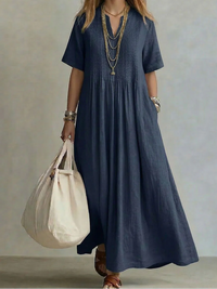 Noor | Elegant Flowing Pleated Dress - Navy Blue
