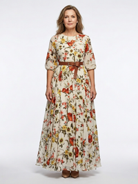 Odelia | Round Neck Three Quarter Sleeve Belted Maxi Dress - Floral