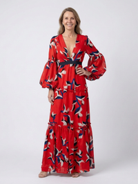 Isolde | V Neck Tie Waist Long Sleeve Maxi Dress - Red