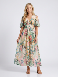 Eulalie | V Neck Short Sleeve Gathered Waist Midi Dress - Floral