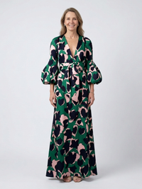 Isolde | V Neck Tie Waist Long Sleeve Maxi Dress - Dark green