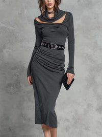 Cutout Neckline Bodycon Midi Dress - Charcoal Slate