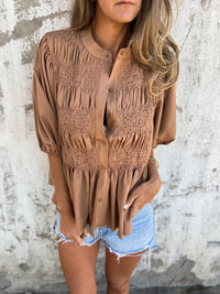 ELIZA™ - Pleated Button-Up Blouse - Brown