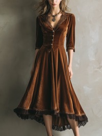 Vintage Three-Quarter Sleeves Lace High-Low Hem Velvet Two Pieces Set - Brown