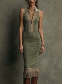 Embroidered Fringe-Hem Sleeveless Midi Dress - sage green