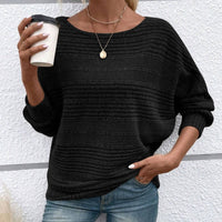 Solid Round-Neck Striped Top with Long Sleeves - Black