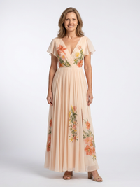 Calista | V Neck Short Sleeve Pleated Floral Maxi Dress - Floral