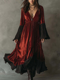 Vintage Pleated Ruffle Hem Polyester Velvet Midi Dress - Wine Red