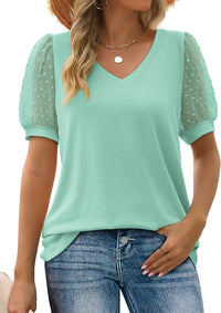RHINA™ - Sheer Sleeve V-Neck Top - Turquoise