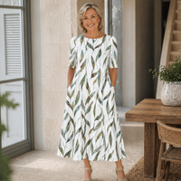 Sarah | Effortless Floral Midi Dress - White/Green