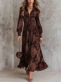 Retro Zipper Neck Long Sleeve Paisley Print Midi Dress - Brown