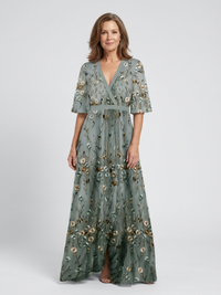 Evadne | Floral V Neck Short Sleeve Maxi Dress - Green