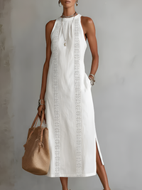 Jimena | Relaxed Embroidered Mandarin Collar Midi Dress - White