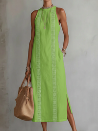 Jimena | Relaxed Embroidered Mandarin Collar Midi Dress - Green
