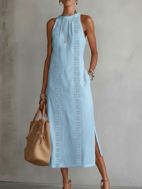 Jimena | Relaxed Embroidered Mandarin Collar Midi Dress - Blue