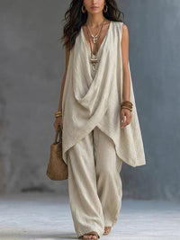 Bohemian-Inspired Loose Cotton and Linen Outfit - Beige