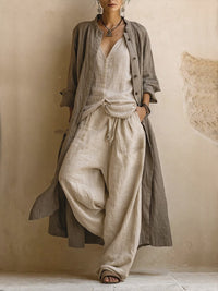 Bohemian-Inspired 3-Piece Linen Blend Ensemble - Sand