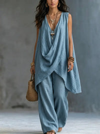Bohemian-Inspired Loose Cotton and Linen Outfit - Blue