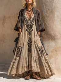 Retro Bohemian Two-Piece Linen Ensemble - Khaki