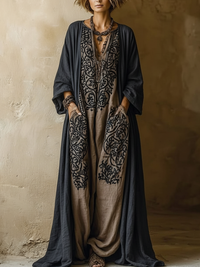 Vintage Bohemian Cotton-Linen Two-Piece Ensemble - Gray