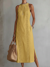 Jimena | Relaxed Embroidered Mandarin Collar Midi Dress - Yellow