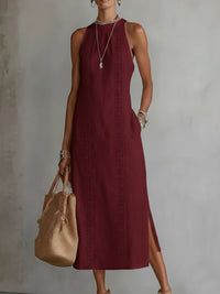 Jimena | Relaxed Embroidered Mandarin Collar Midi Dress - Red