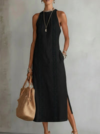 Jimena | Relaxed Embroidered Mandarin Collar Midi Dress - Black
