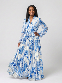 Lillian | Floral Long Sleeve Wrap Maxi Dress - Blue