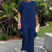 Herlene™ Elegant Two-Piece Set | Layered Top and Wide-Leg Trousers - Navy Blue