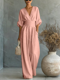 Elira Essential V-Neck Jumpsuit - Pink