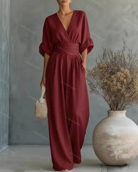 Elira Essential V-Neck Jumpsuit - Wine